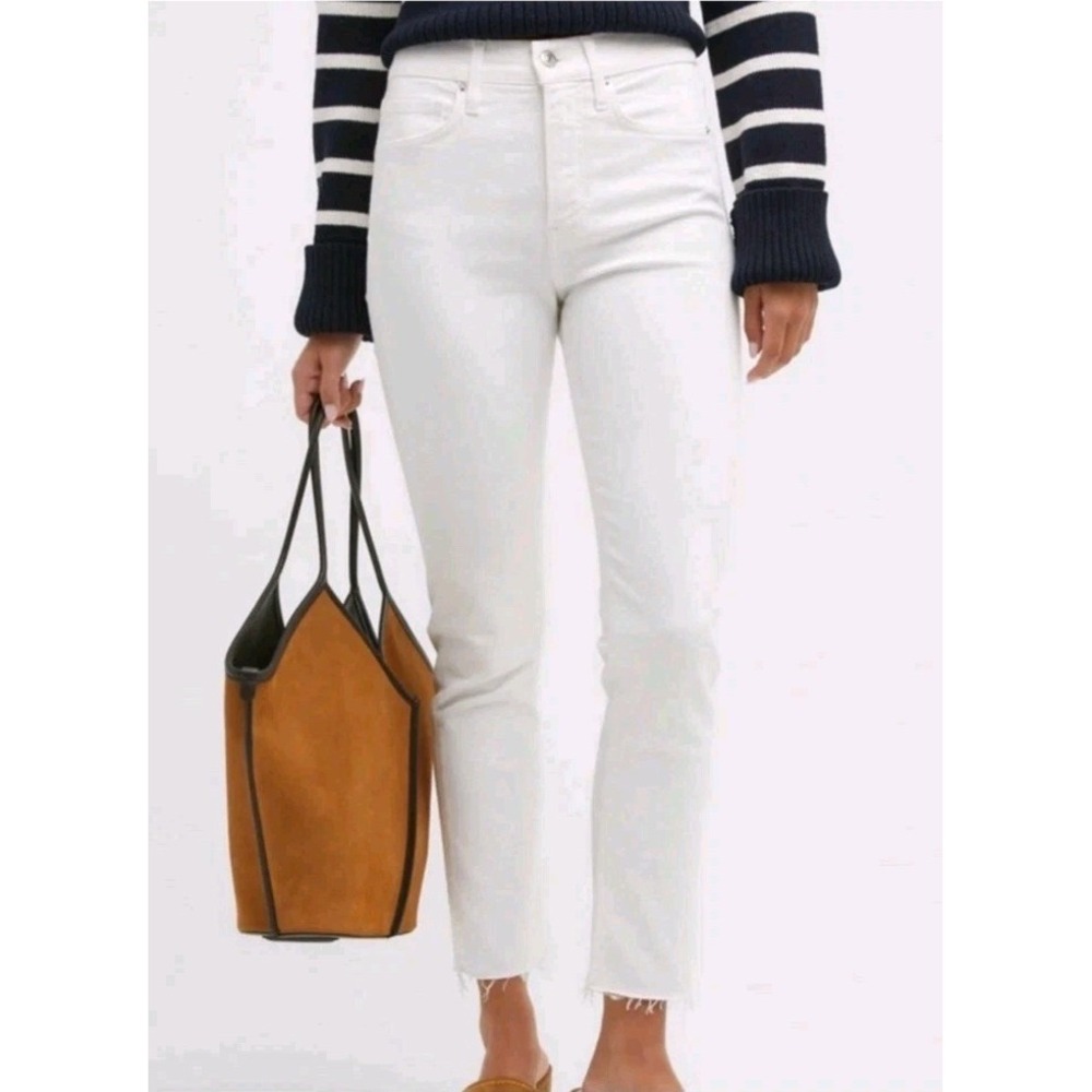 Veronica Beard Carly Kick Flare Jeans White Denim Fringe High Rise Size 28